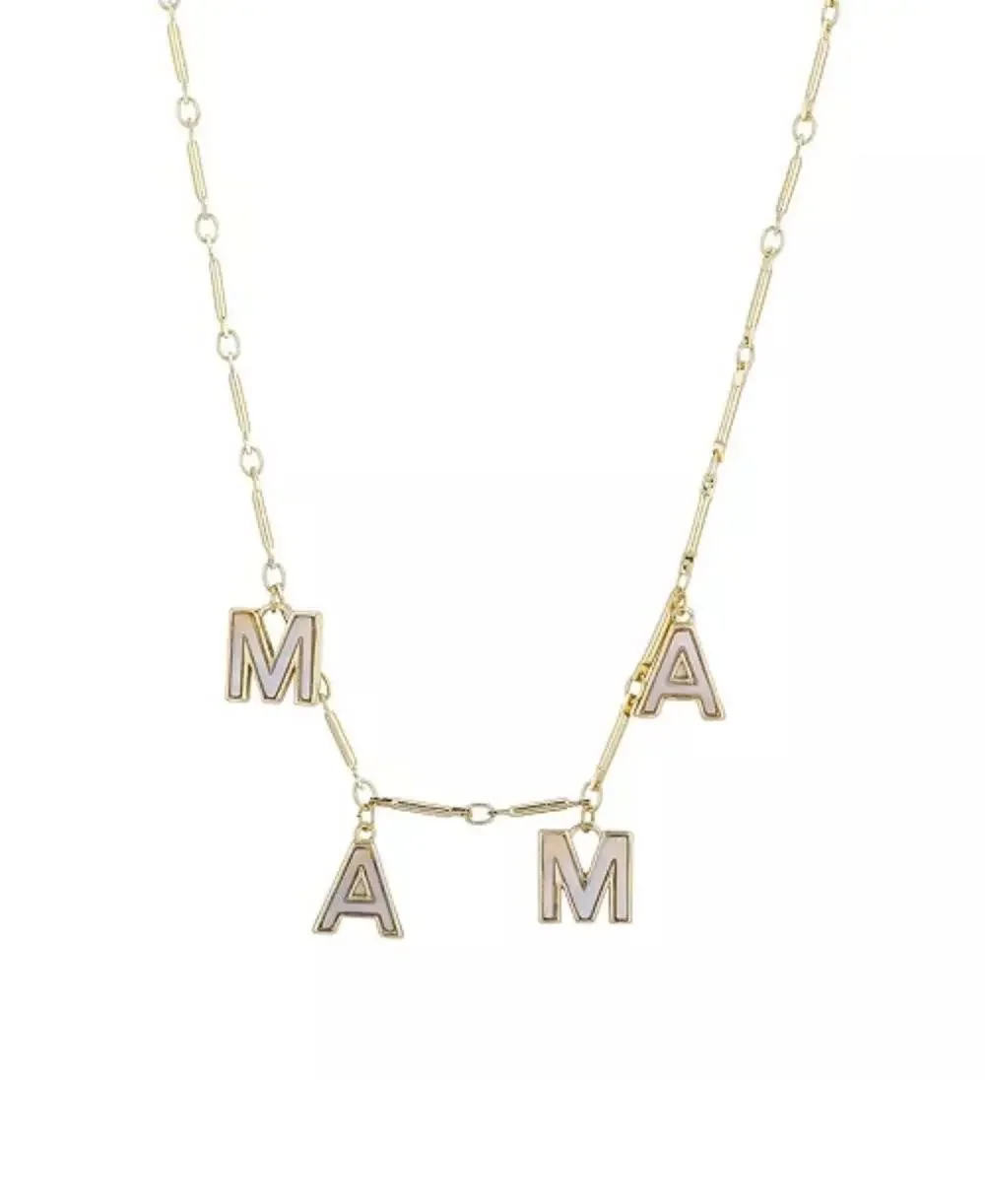 14K Gold Plated Mother Of Pearl Mama Pendant Necklace Gift For Mom Elegant NEW